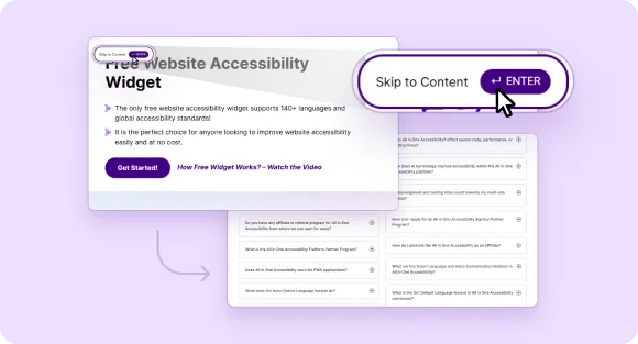 website accessibility widget featuring a skip to content option for improved navigation for users with disabilities