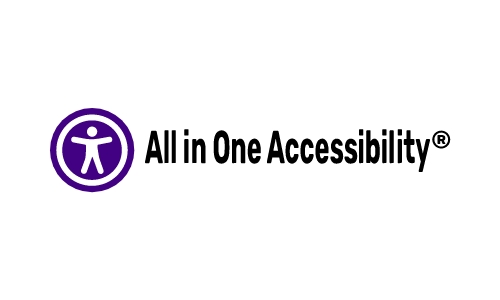 A white rectangular shape showcasing the All in One Accessibility logo with modified aspect ratio, accompanied by a cross mark indicating that the logo's aspect ratio remain unchanged