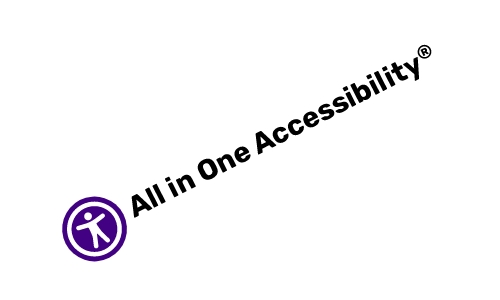 A white rectangular shape showing rotated All in One Accessibility logo, accompanied by a cross mark indicating that the logo should not be rotated